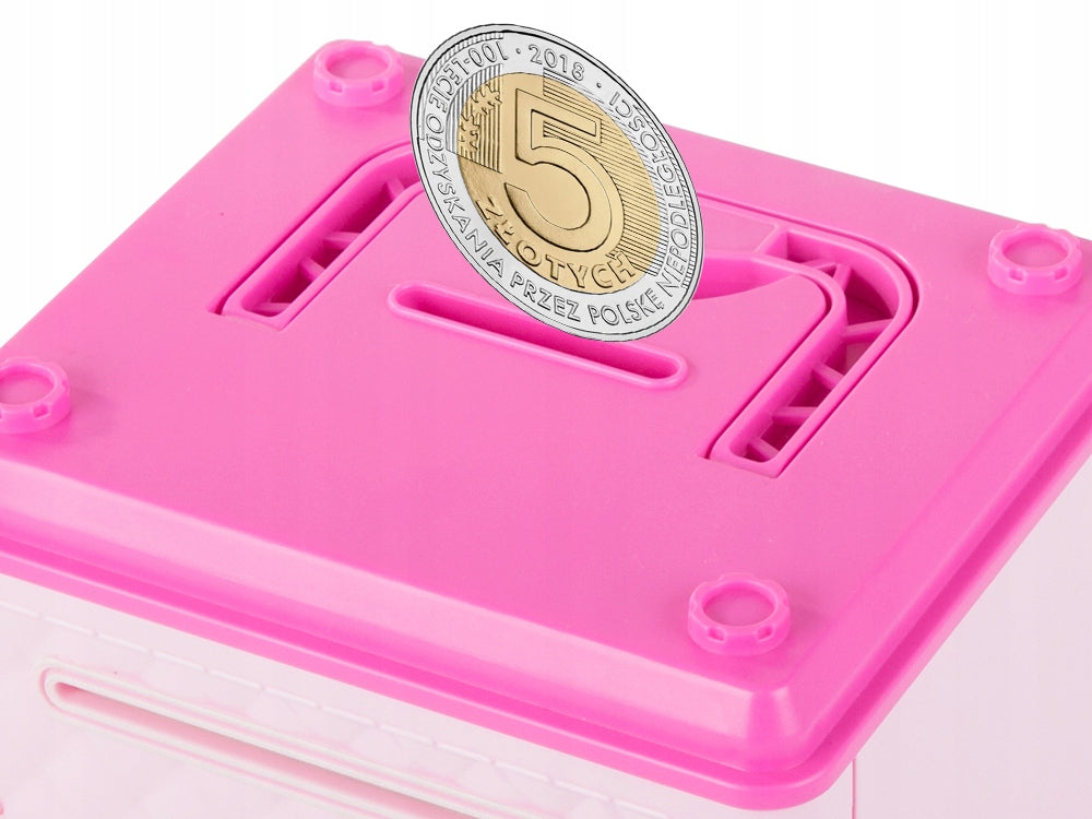 Pusculita tip seif, Zola®, deschidere cu pin, sunete si lumina, plastic, 18 x 10 x 12 cm, roz Pusculita tip seif, Zola®, deschidere cu pin, sunete si lumina, plastic, 18 x 10 x 12 cm, roz